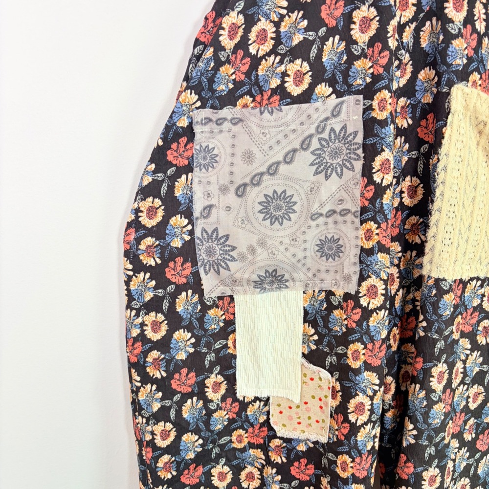 POL Printed Corduroy Patchwork Overalls Mixed Floral Wide Leg Large Boho Hippie - Picture 10 of 13